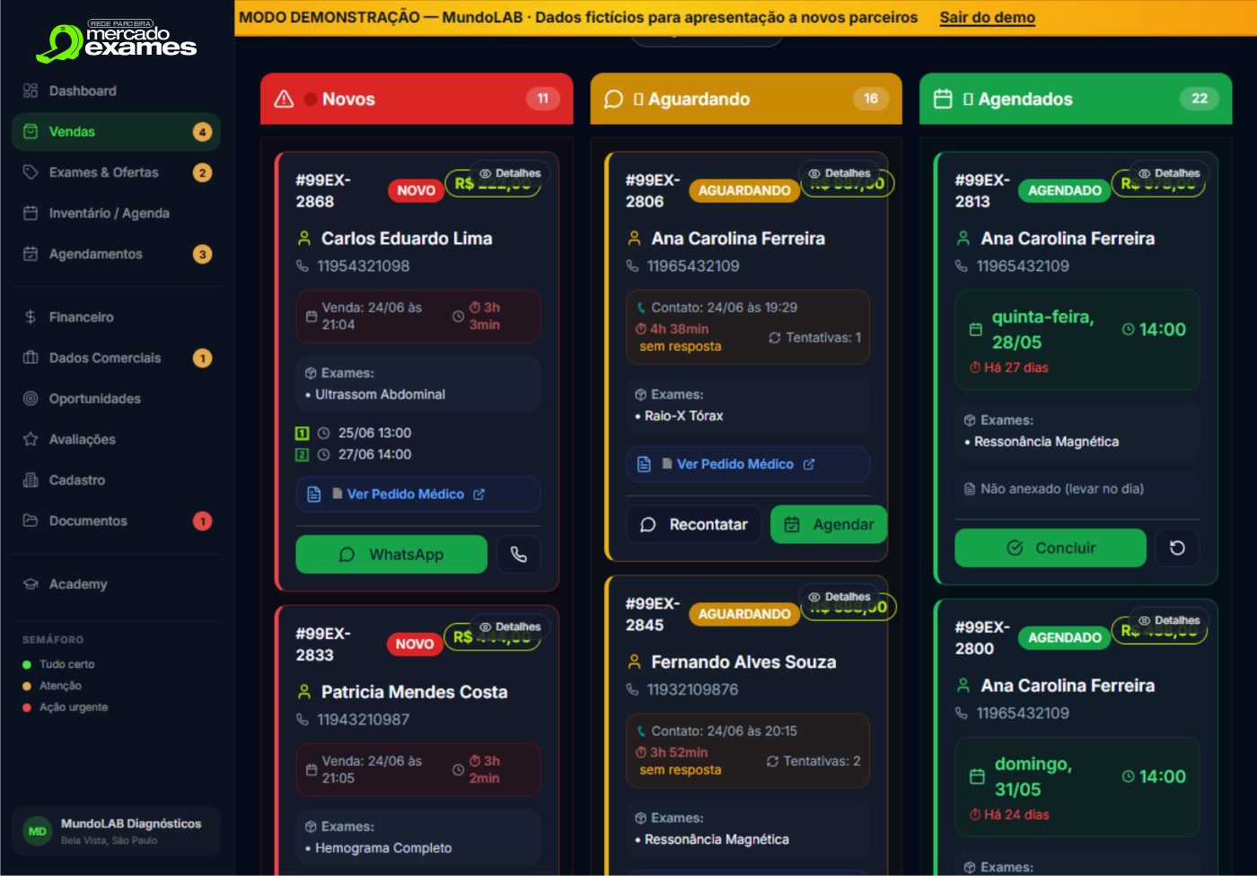 Vendas — do Novo ao Agendado, com contato direto por WhatsApp