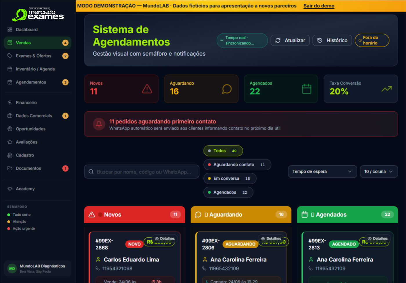 Agendamentos — semáforo de pedidos e notificações em tempo real